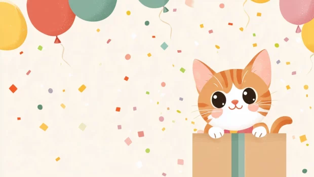 Playful cat in gift box, surrounded by confetti, balloons, party mood.