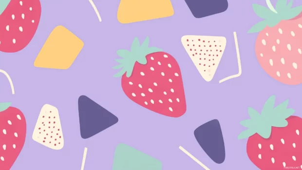Playful collage style pattern with pastel strawberries and geometric shapes on purple background.