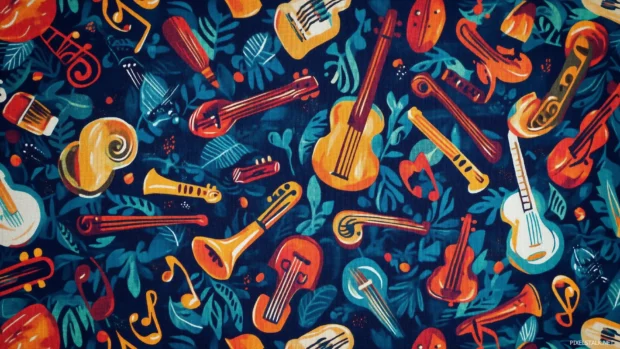 Playful design featuring cartoonish instruments and musical notes in a vibrant color scheme, arranged in a cheerful, repeating tile pattern.