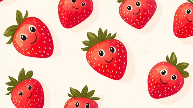 Playful diagonal pattern of cute strawberries, smiling faces, pastel tones, clean cartoon style.