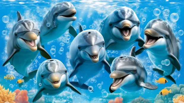 Playful dolphins and octopus among coral reefs, bubbles, and vibrant underwater life.