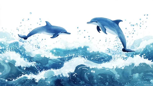 Playful dolphins leaping across watercolor ocean waves.