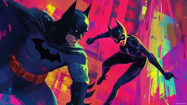 Playful duel, Batman vs Catwoman, cartoon style, big expressions, action lines.