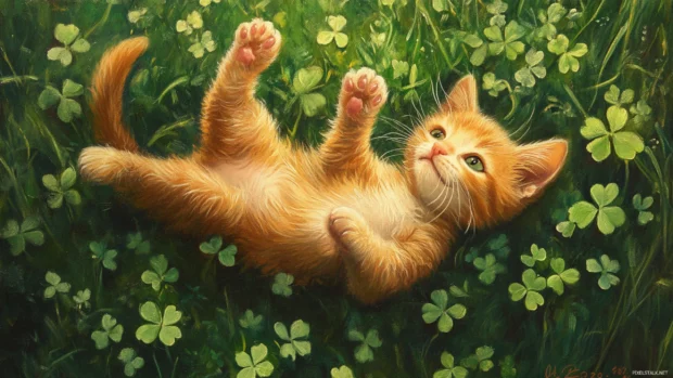 Playful orange kitten tumbling in green grass with clover flowers.