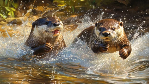 Playful otters splashing in a sunlit river.