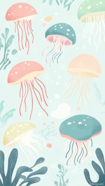 Playful pastel summer jellyfish drifting in a sea of pale blues and soft greens.
