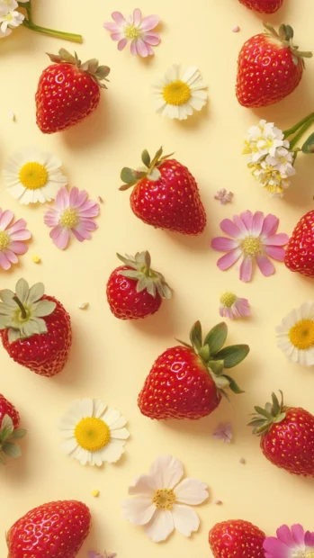 Playful pastel summer strawberries and flowers scattered on a pale yellow background, sweet style.