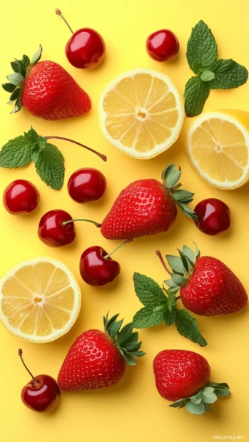 Playful pastel yellow pattern, strawberries, mint leaves, cherries, lemon slices, fresh summer style.