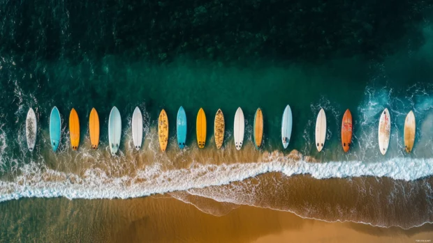 Playful patterns of surfboards lined along the shore, reflecting the thrill of the season.