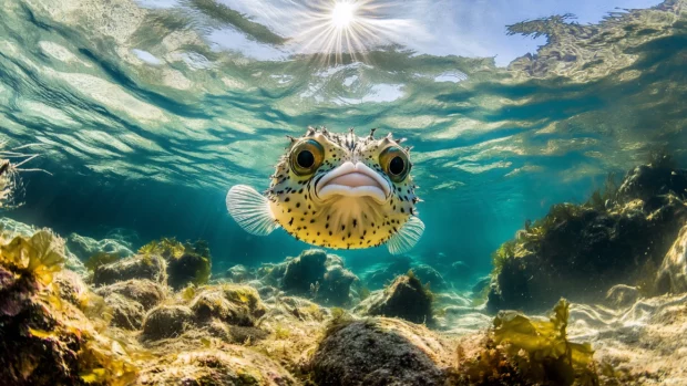 Playful pufferfish, serene underwater inflating, soft currents surrounding, glowing light filtering surface.