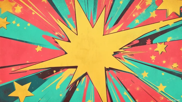 Playful retro pop art wallpaper featuring stylized stars and explosions in a comic style design, with dramatic shading and vibrant yellow, pink, and turquoise colors, Retro style.
