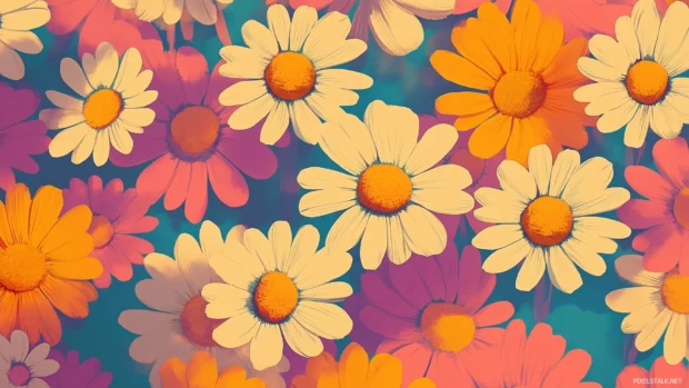 Playful retro style, floral wallpaper, overlapping daisies sunflowers, bright orange pink blue, psychedelic look.