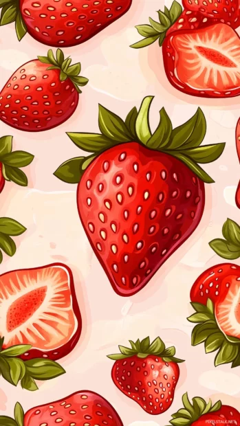 Playful seamless design with whole strawberries and slices on a pastel pink background.
