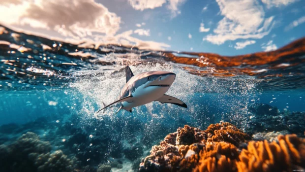 Playful shark splashing water with flippers near reef.