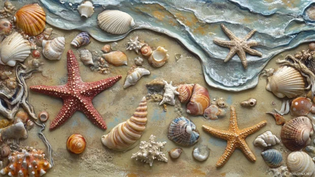 Playful starfish and seashell details scattered over a sandy shore.