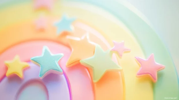 Playful stars bouncing between dreamy rainbows, making the perfect scenery for colorful pastel stars background.