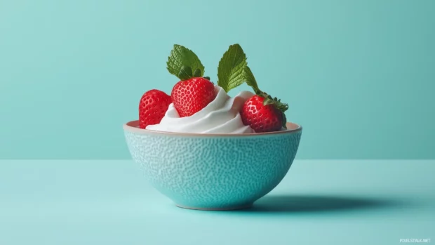 Playful strawberry hills, whipped cream clouds, surreal landscape, simple lines.