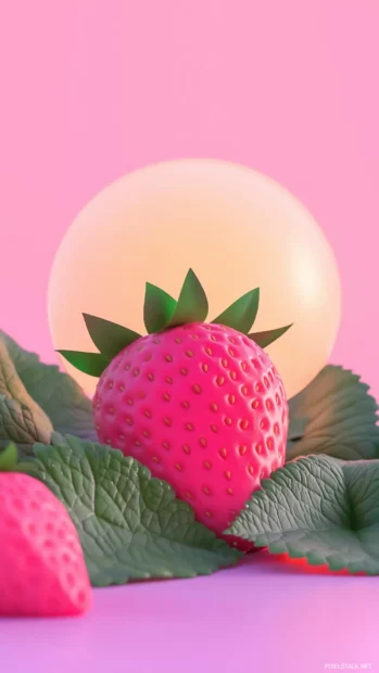 Playful strawberry landscape with a strawberry sun over leaf hills, soft pastel gradient background.