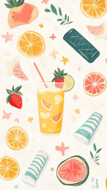 Playful summer pattern with cute summer drinks, fruit slices, and beach gear set on a soft backdrop.