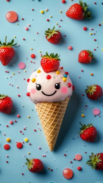 Playful summer vibe, kawaii strawberry ice cream, happy face, sprinkles, strawberries.