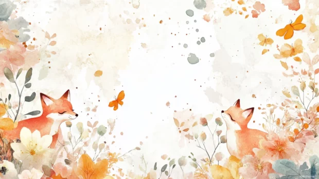 Playful watercolor foxes frolicking among flowers, a whimsical watercolor animals for Macbook background.