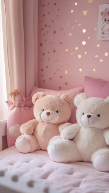 Plush teddy bears sitting in a Pink Girly nursery corner.