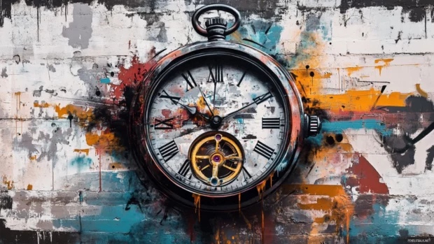 Pocket watch stretched in stylized graffiti clockwork.