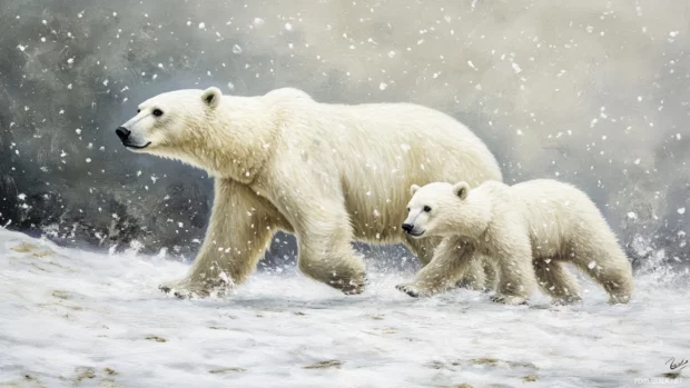 Polar bears trudging across icy tundras with gentle snow falling.