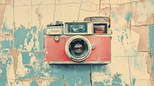 Polaroid camera painted over cracked wall with vintage shades.