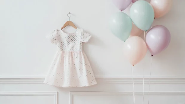 Polka dot dress hanging beside pastel balloons on white wall.
