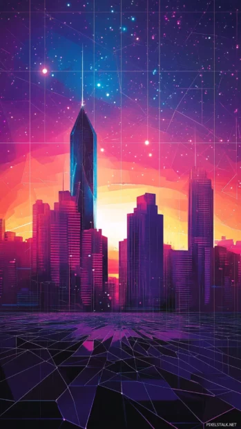 Polygons and vector shapes creating retro futuristic skyline.