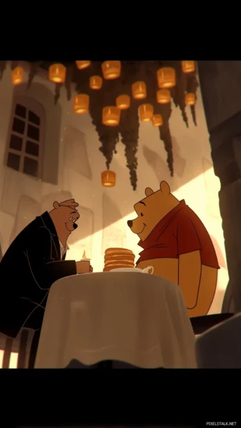 Pooh and Piglet enjoying a tea party with honey pots and sandwiches under a tree in the Hundred Acre Wood.