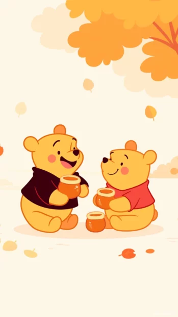 Pooh and Piglet having tea with honey pots and sandwiches, sitting under a tree in the Hundred Acre Wood.