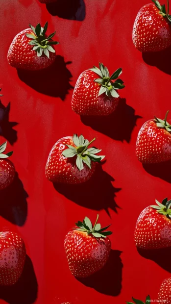 Pop art inspired pattern of strawberries in a repeating grid layout with bright bold colors and halftone shading effects, modern and bold aesthetic, Simple lines.