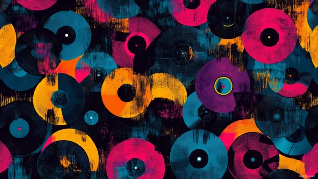 Pop art wallpaper, colorful vinyl records, bold outlines, halftone gradients, vibrant neon retro style.
