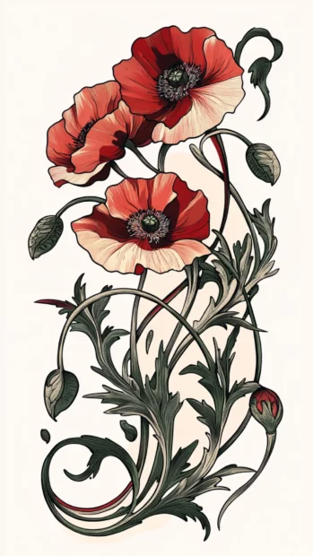 Poppy stems intertwined in retro line art composition.