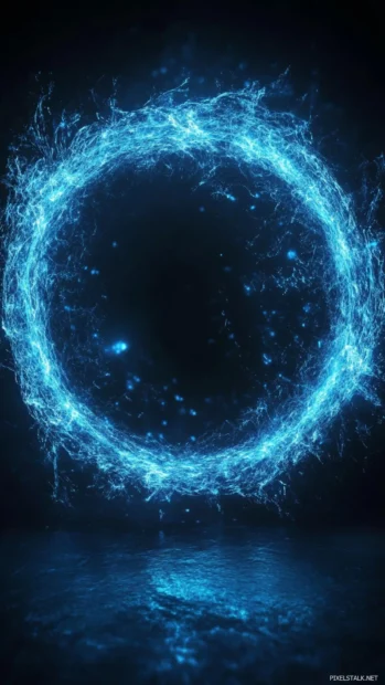 Portal circle of swirling blue neon particles.