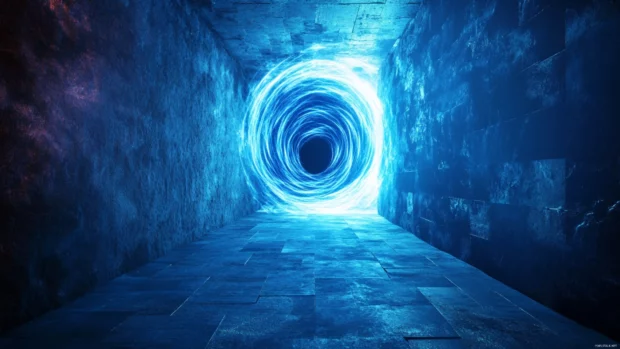 Portal opening from wall with spiraling neon aura.