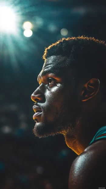 Portrait of a basketball player gazing into the crowd, spotlight on face, cinematic tones.