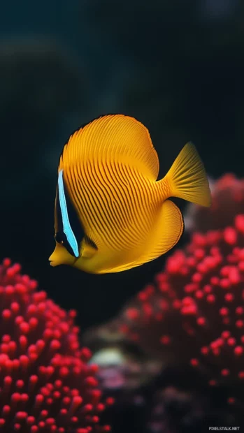 Portrait of a single, vibrant tropical fish with flowing fins, swimming gracefully against a soft, blurred underwater backdrop.
