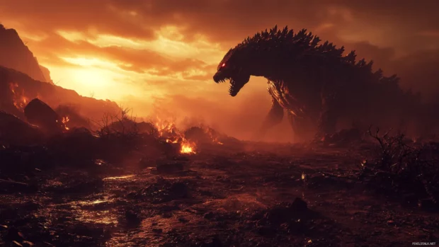 Post apocalyptic landscape with Shin Godzilla in glowing rage for wallpapers.