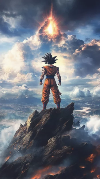 Powerful Goku Phone Wallpapers with Goku preparing to launch a Kamehameha from a mountain peak.