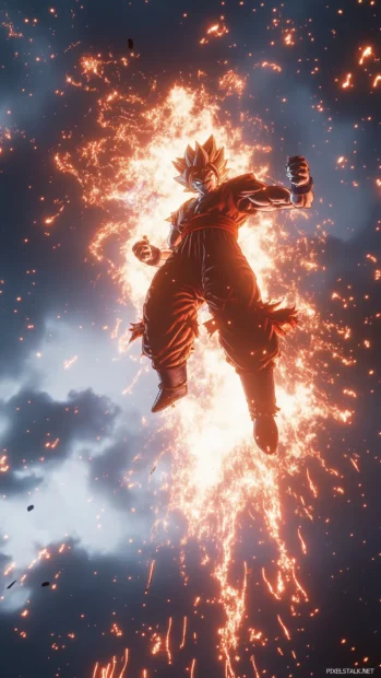 Powerful Goku Wallpapers showing Goku mid air launching a Kamehameha with blazing energy.