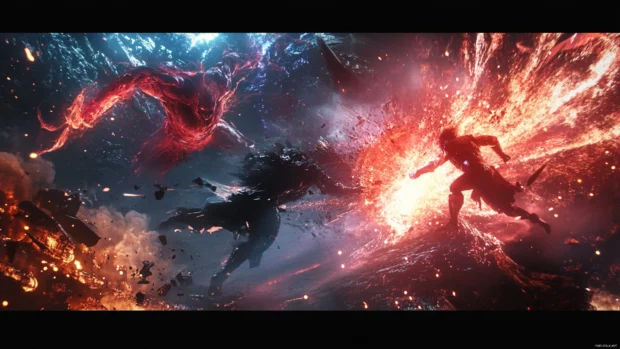 Powerful anime warriors locked in a heated battle surrounded by energy blasts.
