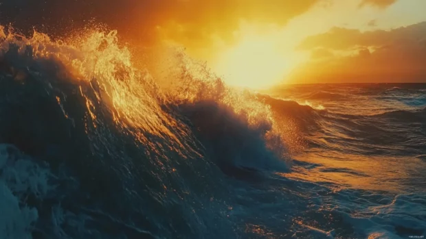 Powerful crashing ocean waves at sunset, great for ocean wave wallpaper lovers.