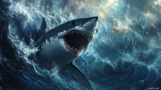 Powerful portrait of great white shark in ocean current for marine life wallpaper.