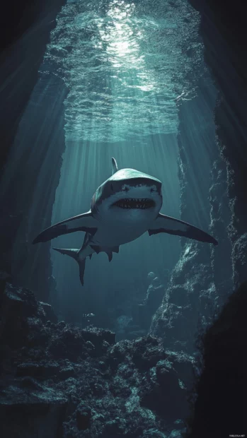 Powerful shark approaching from distant trench with bold shadow.