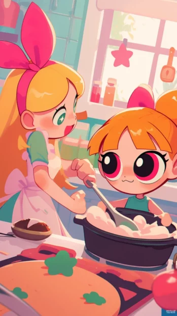Powerpuff Girls baking cupcakes with star shaped frosting.