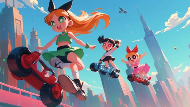 Powerpuff Girls cruising through the city on hoverboards.