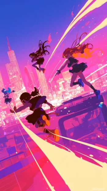 Powerpuff Girls flying through the city with bright neon trails.